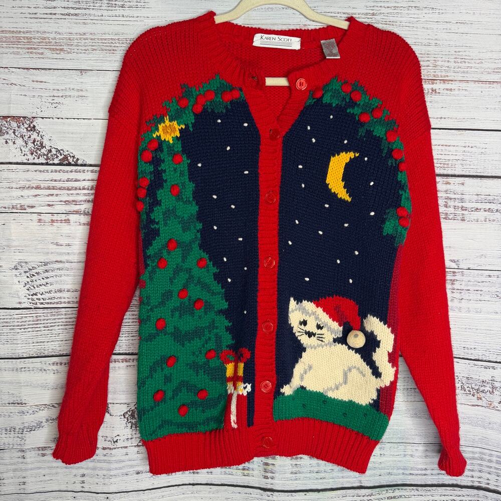 Vintage Karen Scott Christmas Sweater Small Cat Tree Ugly Holiday Cardigan 3D